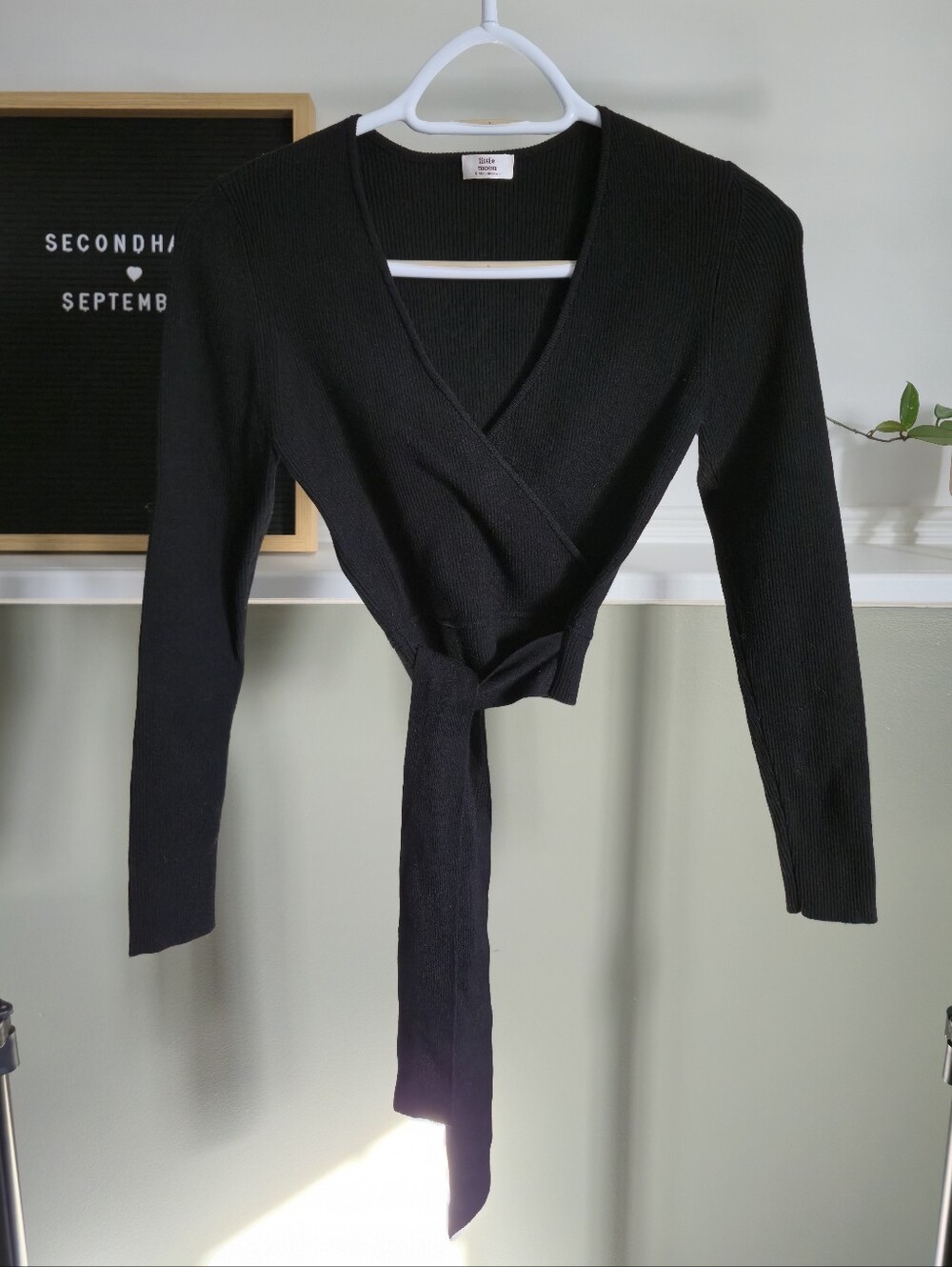 Aritzia Little Moon Wrap Sweater With Tie Waist Ribbed Knit Black